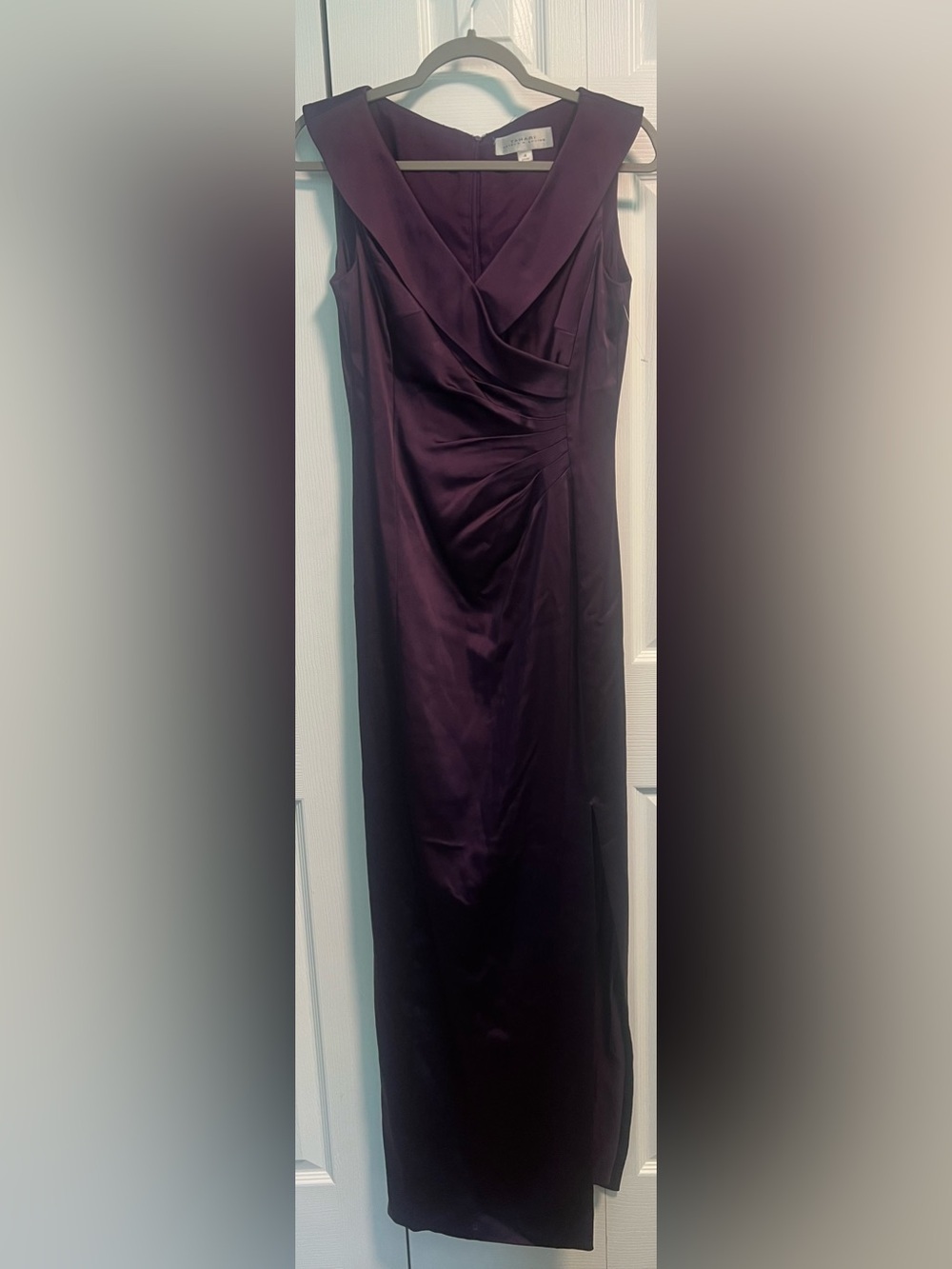 Tahari (by Arthur S. Levine) Sleeveless Portrait-Collar Satin Plum Evening Gown